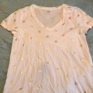 White V-neck T-shirt, metallic gold floral print